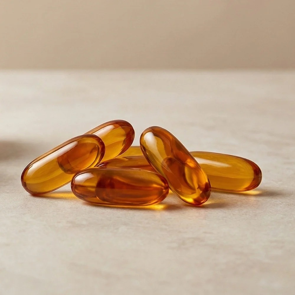 A close-up of a small pile of amber-colored softgel capsules on a light, neutral surface.