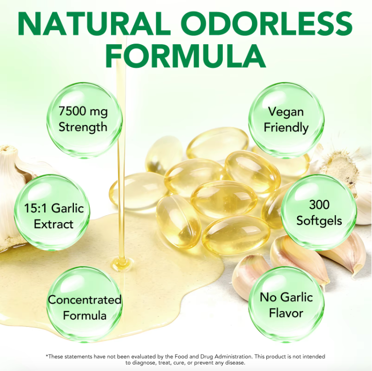 An ad for natural odorless garlic softgels, showing capsules, garlic bulbs, and text highlighting product benefits.