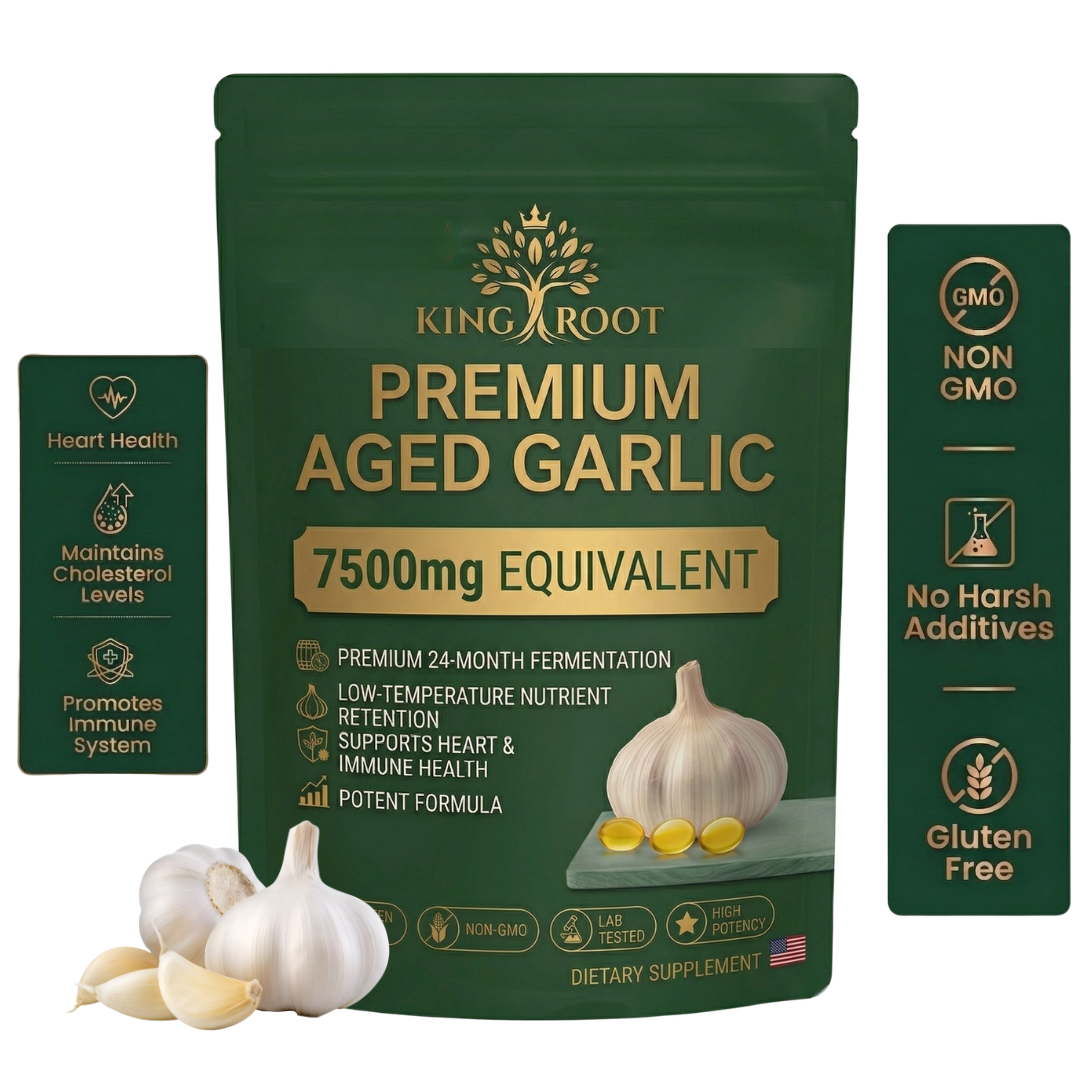 A pouch of King Root Premium Aged Garlic dietary supplement next to garlic bulbs and capsules.