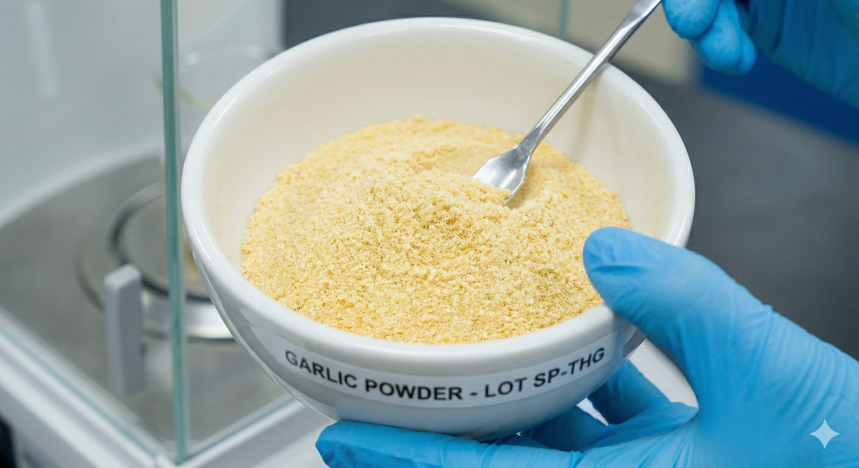 A person in blue gloves holds a white bowl labeled 'Garlic Powder' with a spoon in it.