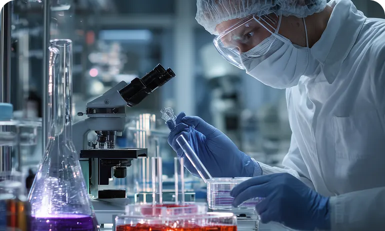 A scientist in full protective gear works with a microscope and other lab equipment.