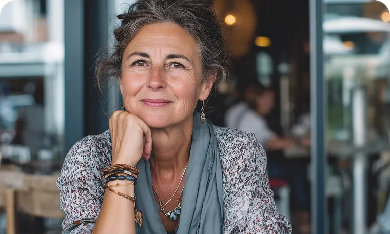 A smiling middle-aged woman with gray hair rests her chin on her hand while sitting indoors.