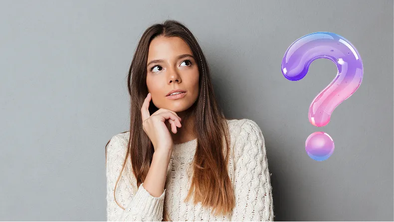 A woman in a white sweater looks up thoughtfully next to a large, colorful question mark.