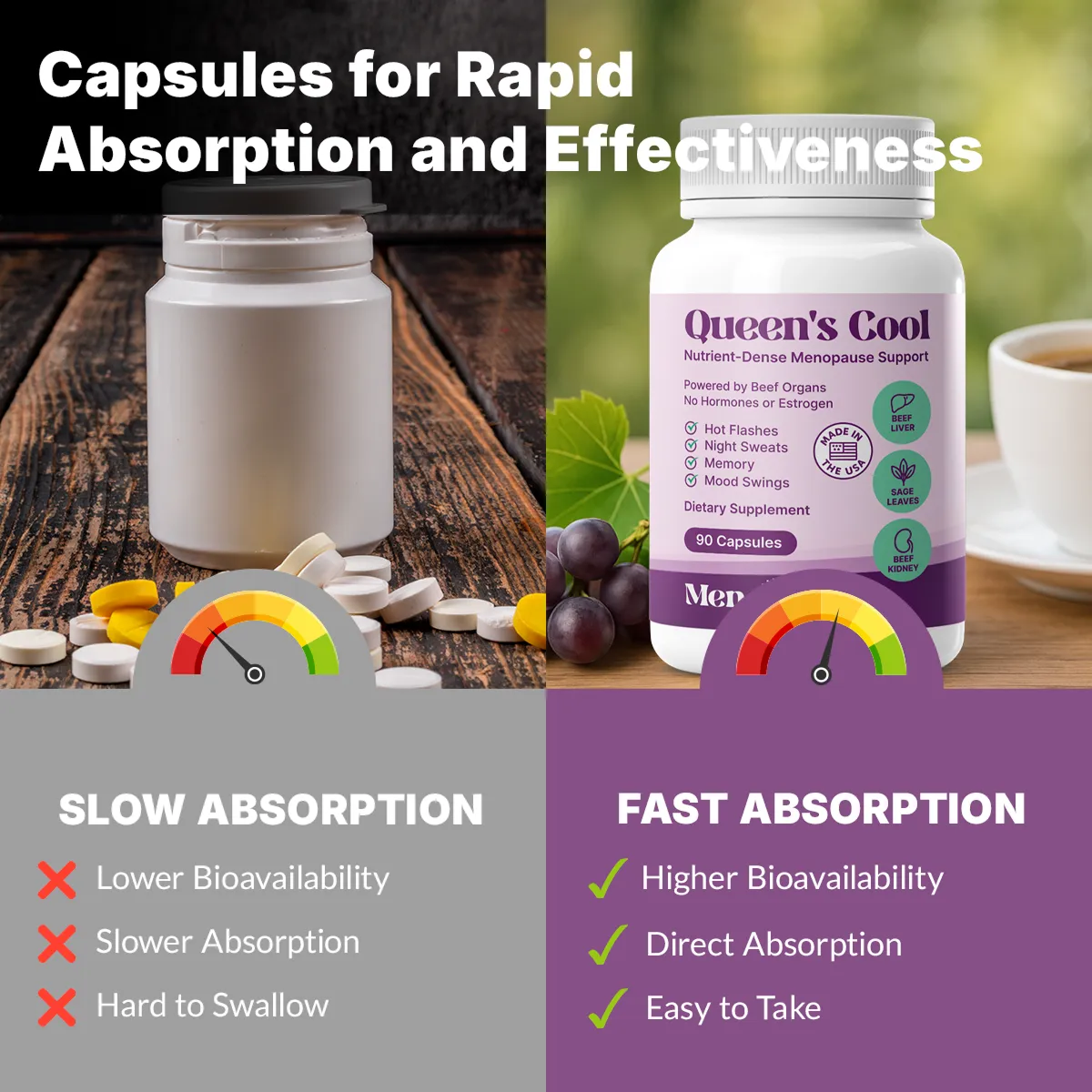 Comparison of two supplement bottles, highlighting absorption and effectiveness differences.