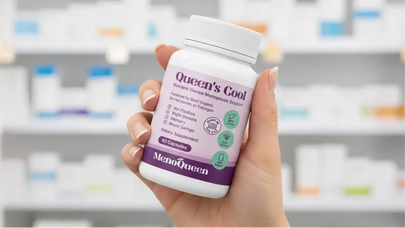 A hand holds a white bottle of Queen's Cool menopause support supplements against a blurred shelf background.
