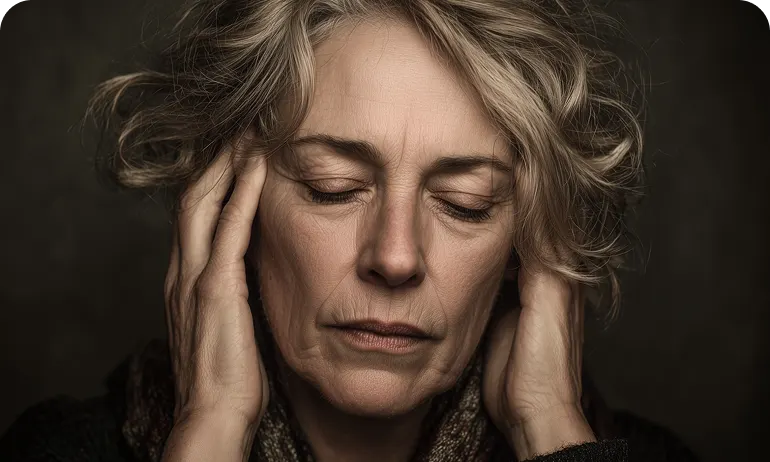 A sepia-toned photograph of a woman with her eyes closed, holding her hands to her temples.