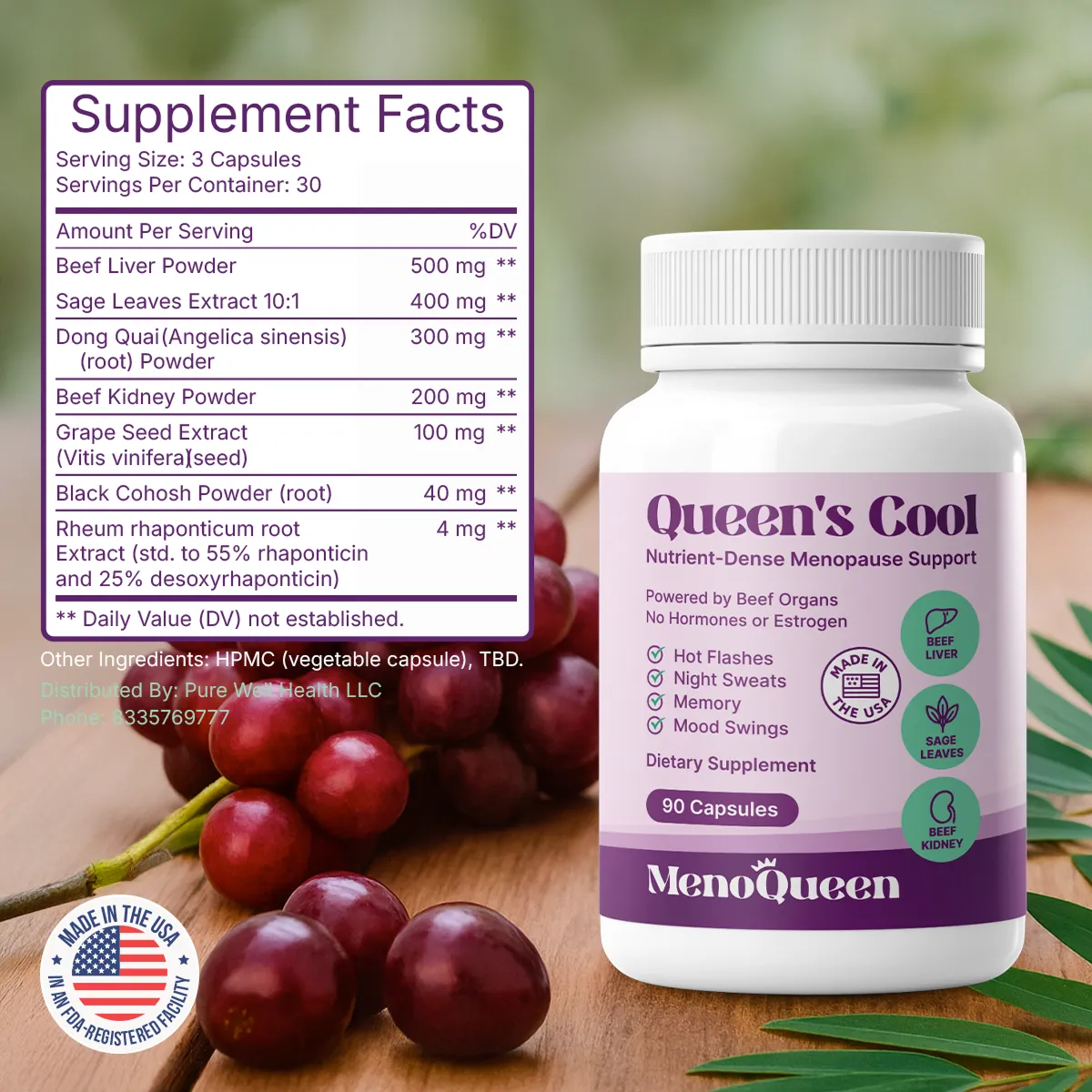 Supplement bottle labeled 'Queen's Cool' with supplement facts and grapes in the background.