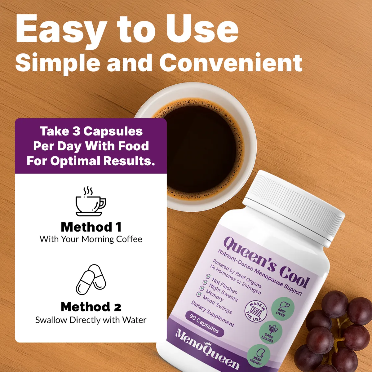 Supplement bottle, coffee cup, and grapes with usage instructions and benefits.