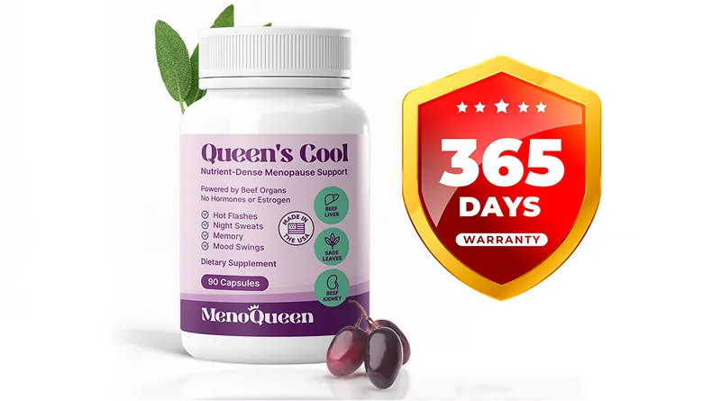 A bottle of MenoQueen's Cool menopause support supplements next to a red 365-day warranty shield.