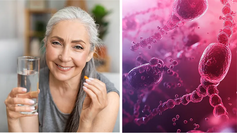 A split image showing a smiling older woman with a pill and a microscopic view of pink cells.