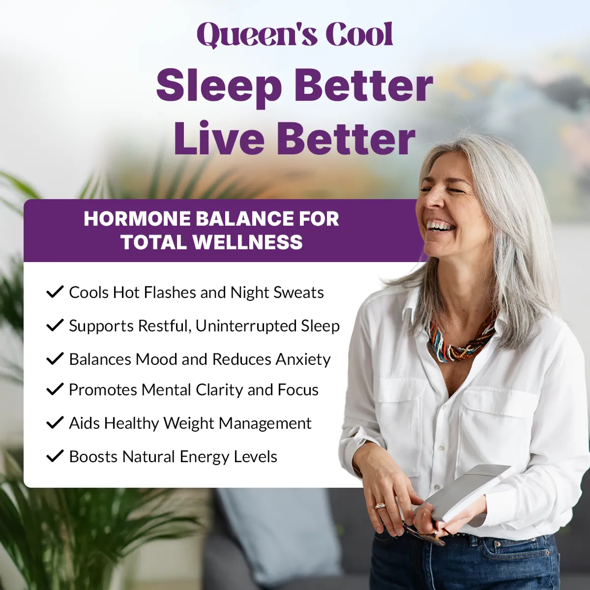 Woman smiling next to a wellness checklist with tips for better sleep and hormone balance.