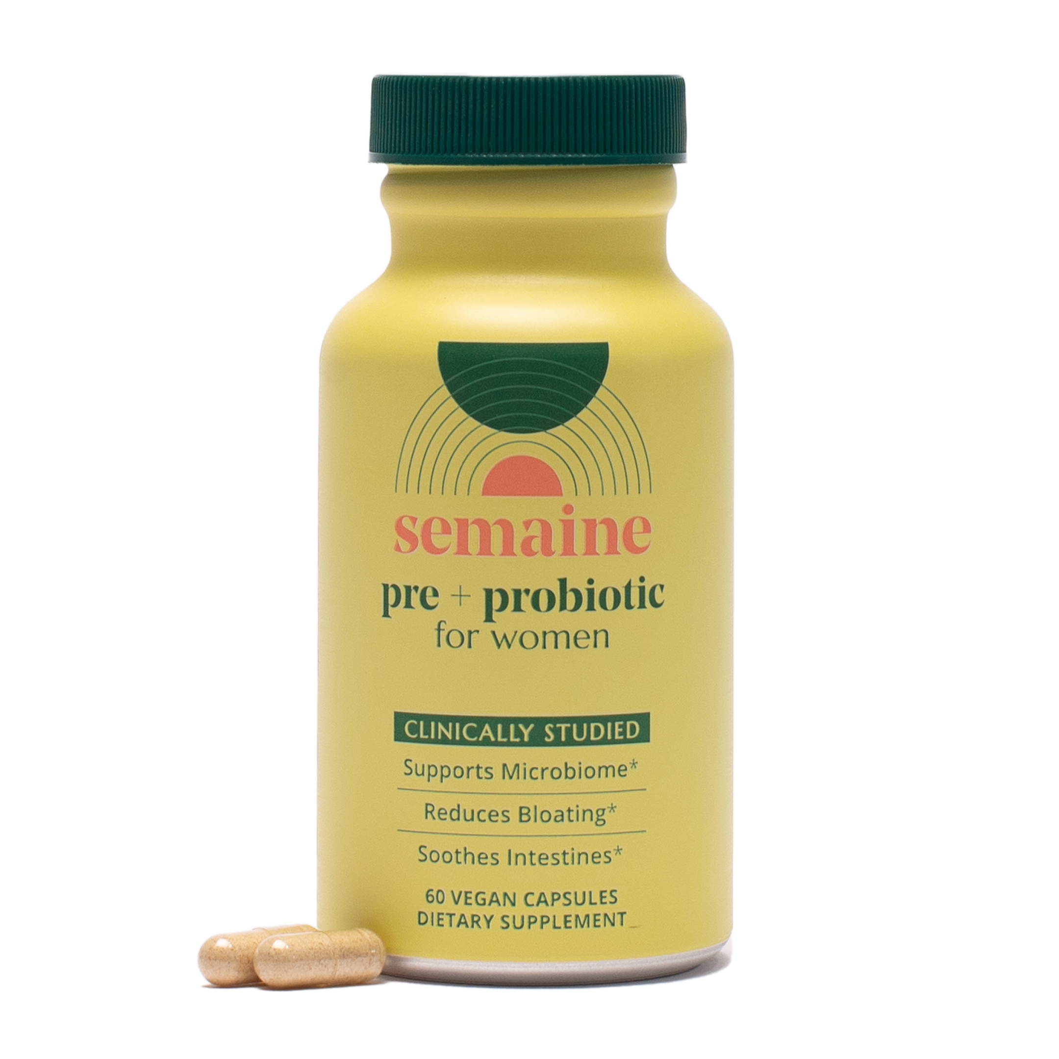 A bottle of Semaine Urinary Tract Cleanse + Protect capsules with one capsule next to it.