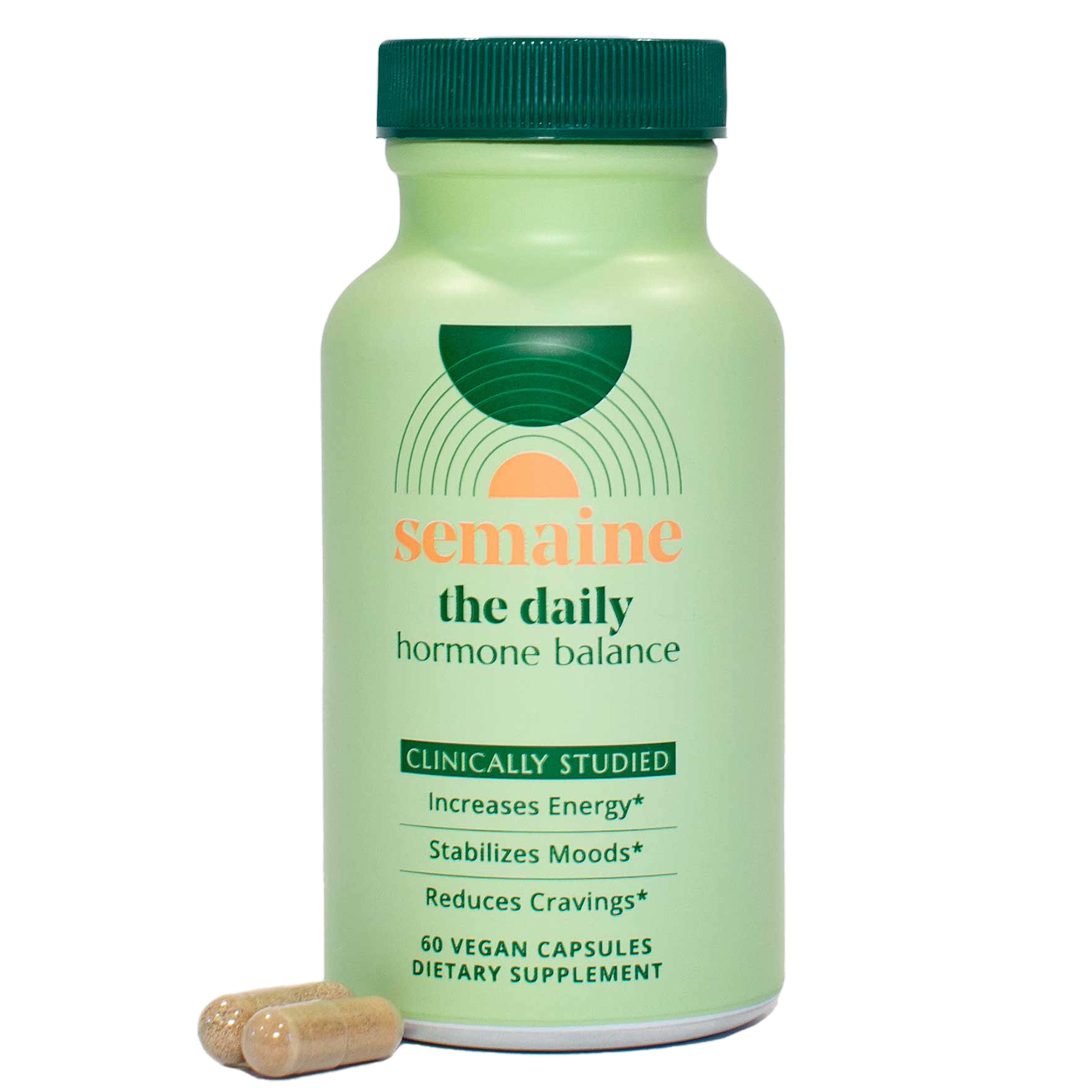 Green bottle labeled 'semaine the daily hormone balance' with two capsules beside it.