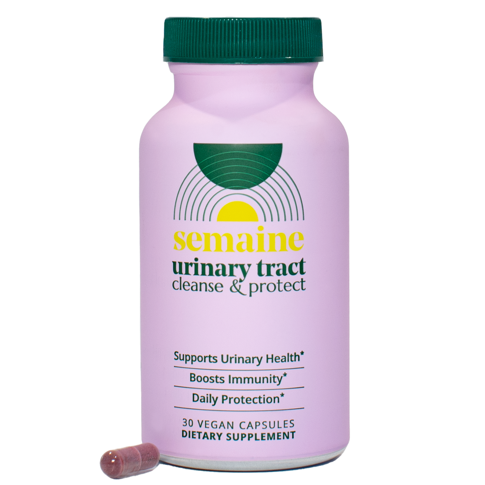 Pink bottle of dietary supplement with green cap and a single capsule beside it.