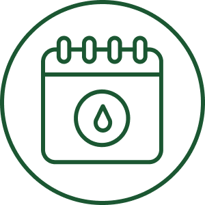A green line icon of a calendar with a water drop in the center, inside a circle.