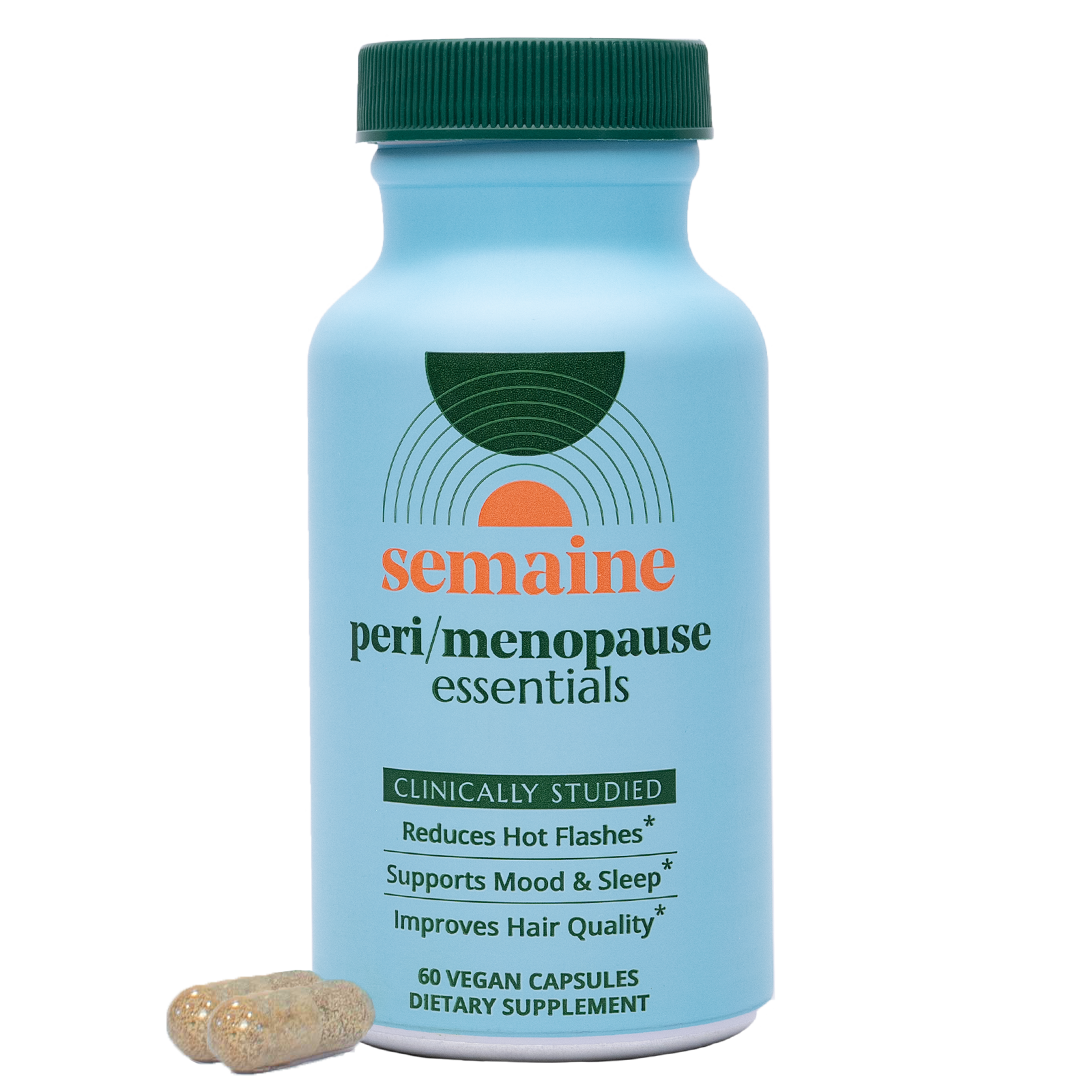 Blue bottle of Semaine peri/menopause essentials with capsules beside it.