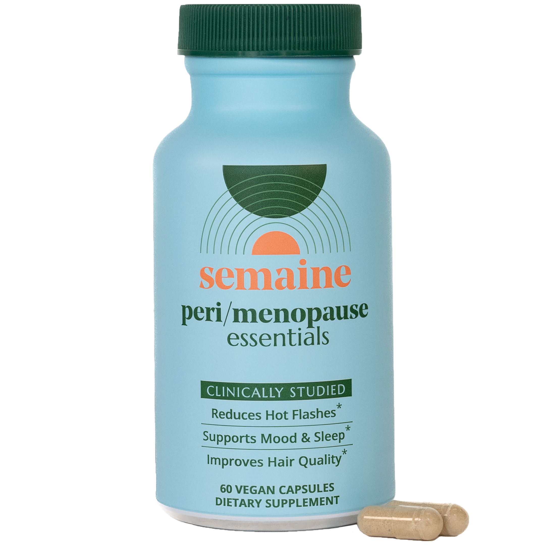 A light blue bottle of Semaine Peri/Menopause Essentials dietary supplement with two capsules next to it.