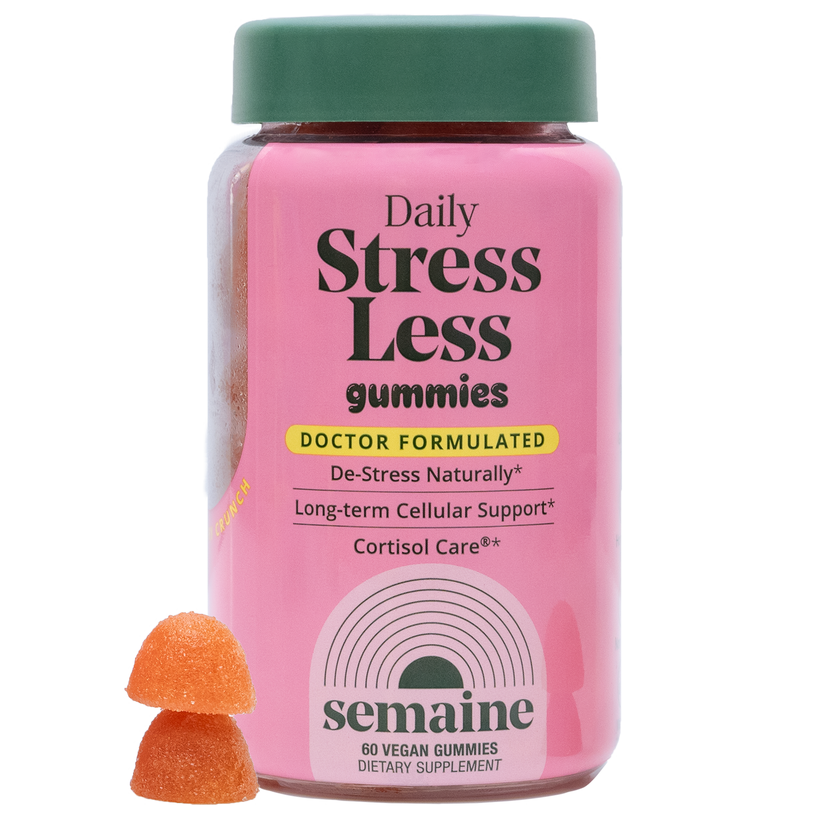 Pink bottle of 'Stress Less' gummies with two orange gummies beside it.