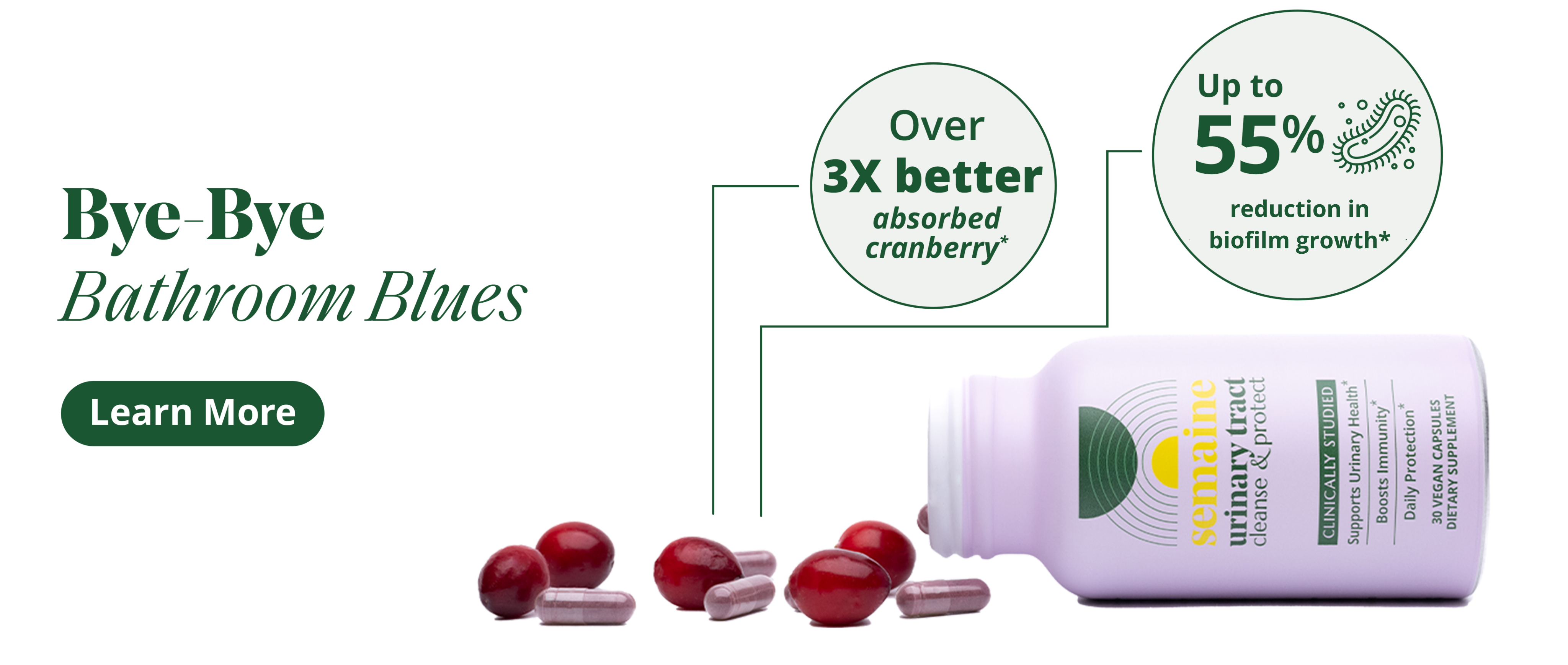 Bottle of urinary health capsules with cranberries on a white background.