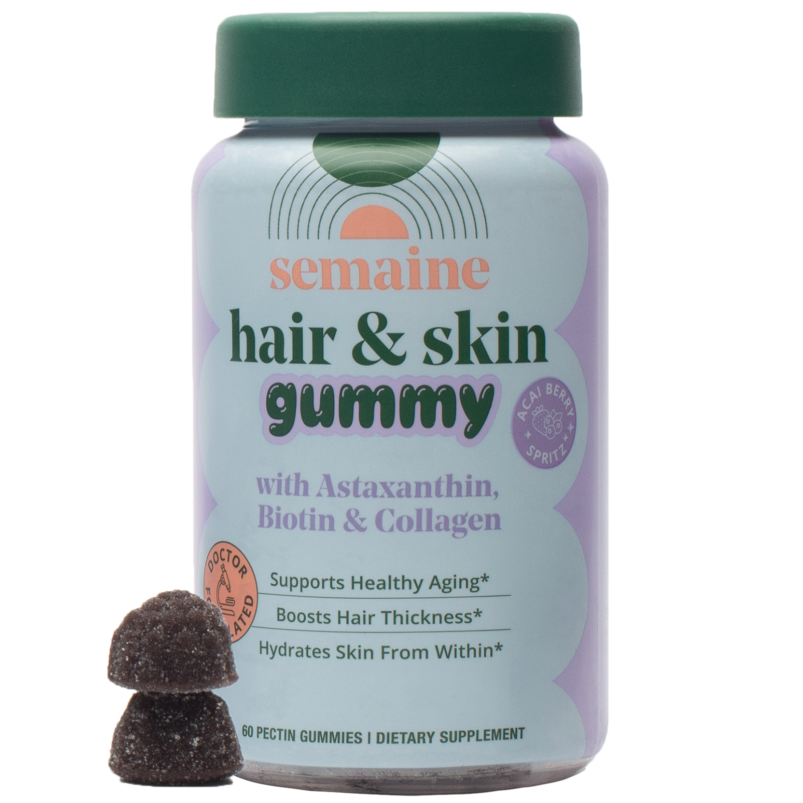 Bottle of Semaine hair and skin gummies with two gummies beside it.