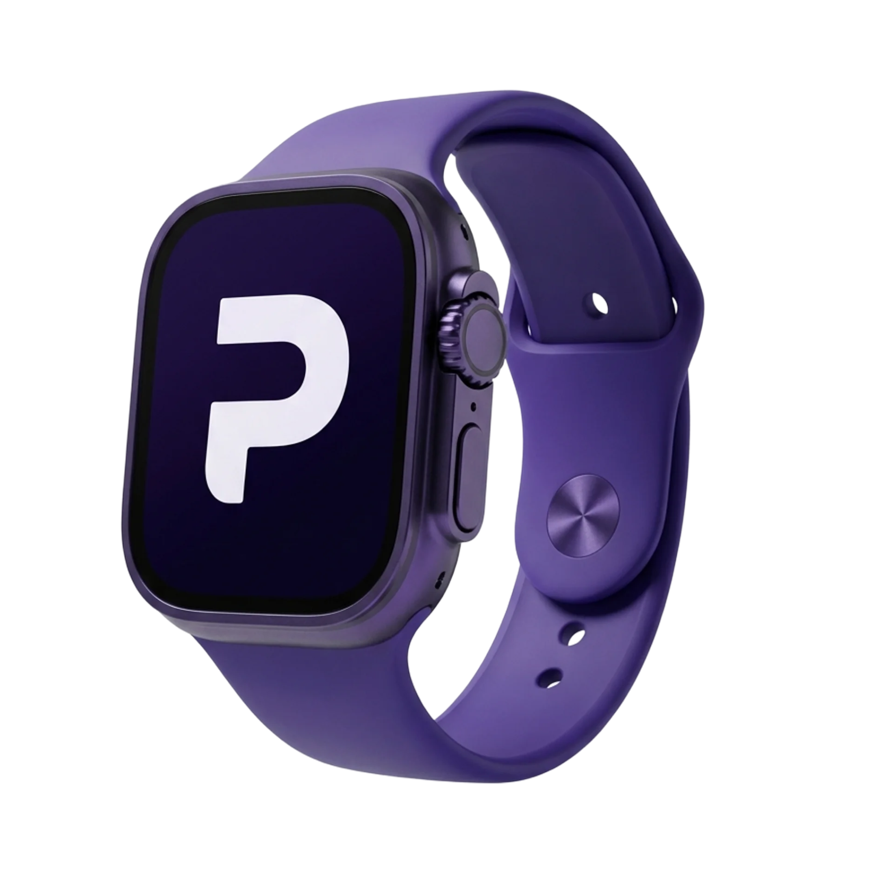 A purple smartwatch with a matching band, displaying a large white letter 'P' on the screen.