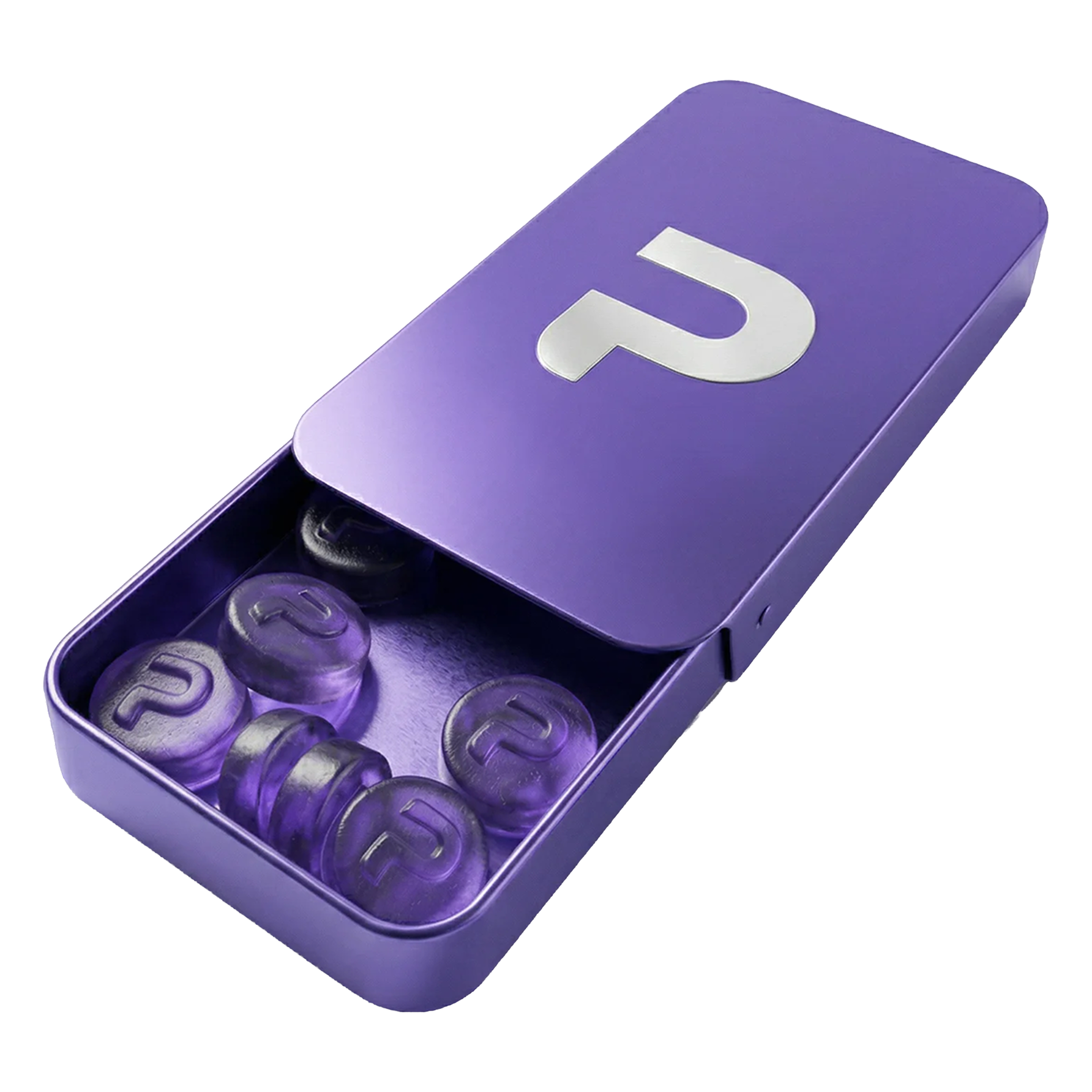 A purple tin with a 'P' logo, open to show purple lozenges also marked with a 'P'.