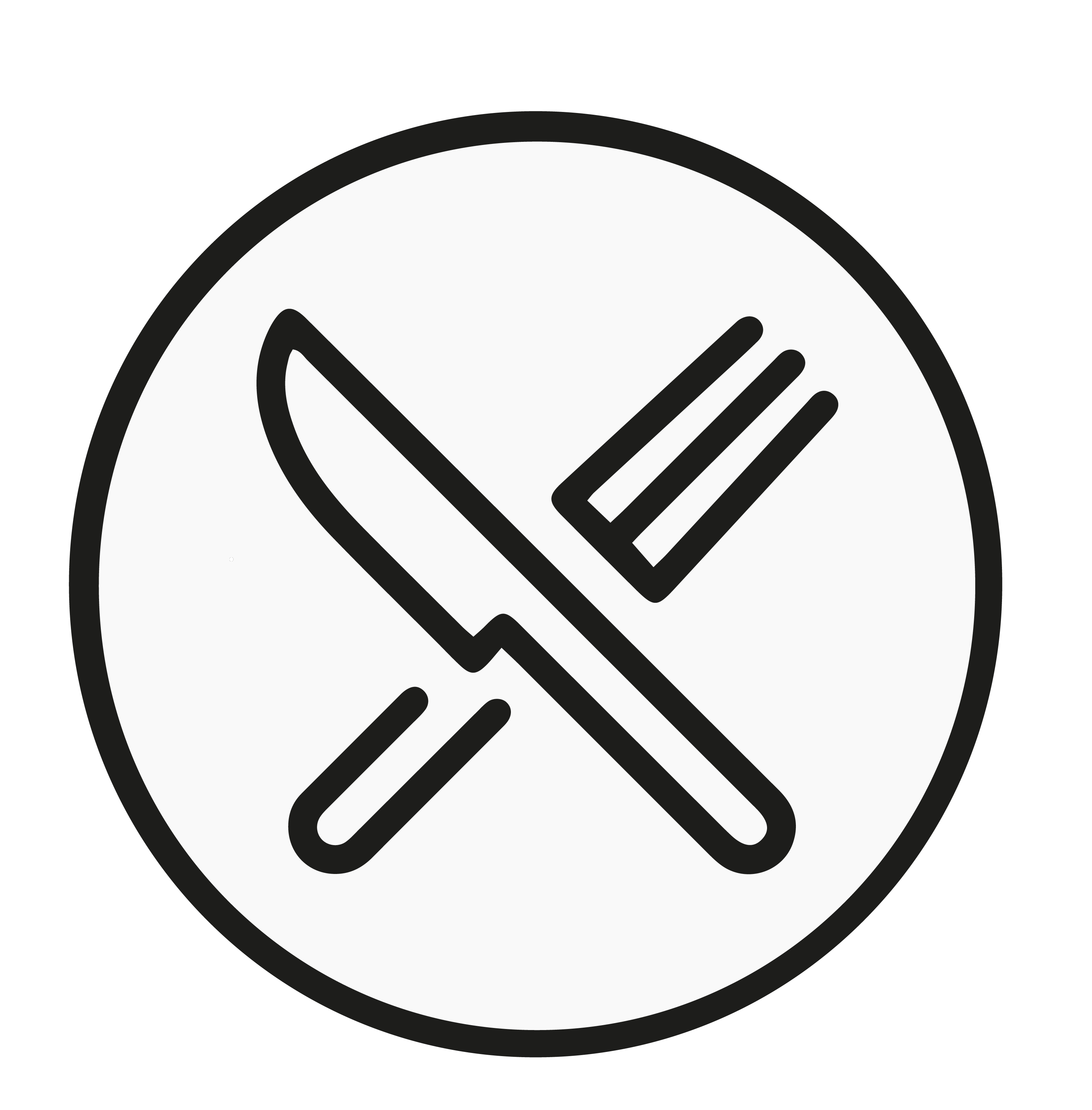 Icon of a knife and fork crossed inside a circle.