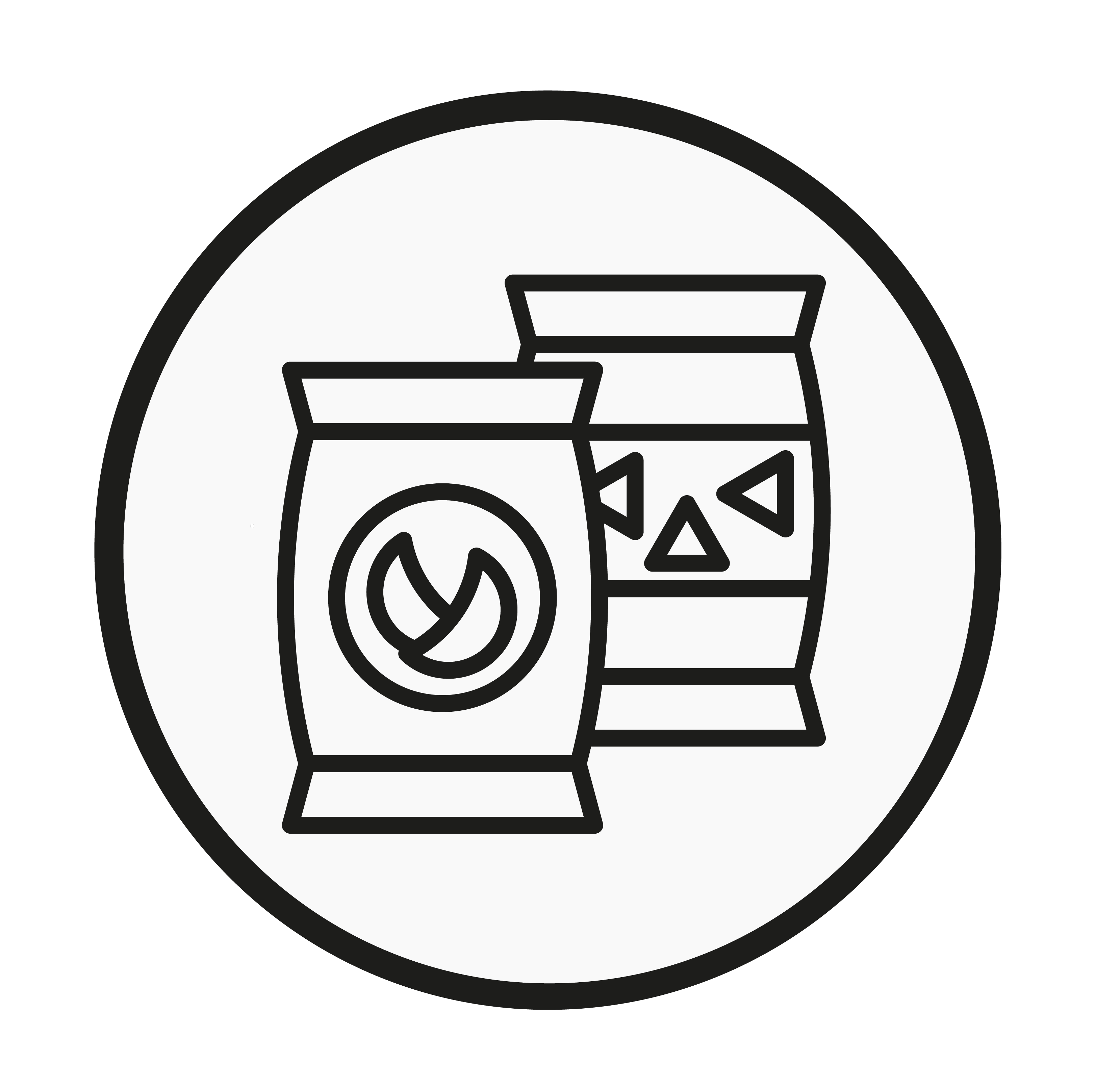 Icon of two bags with geometric symbols in a circular border.