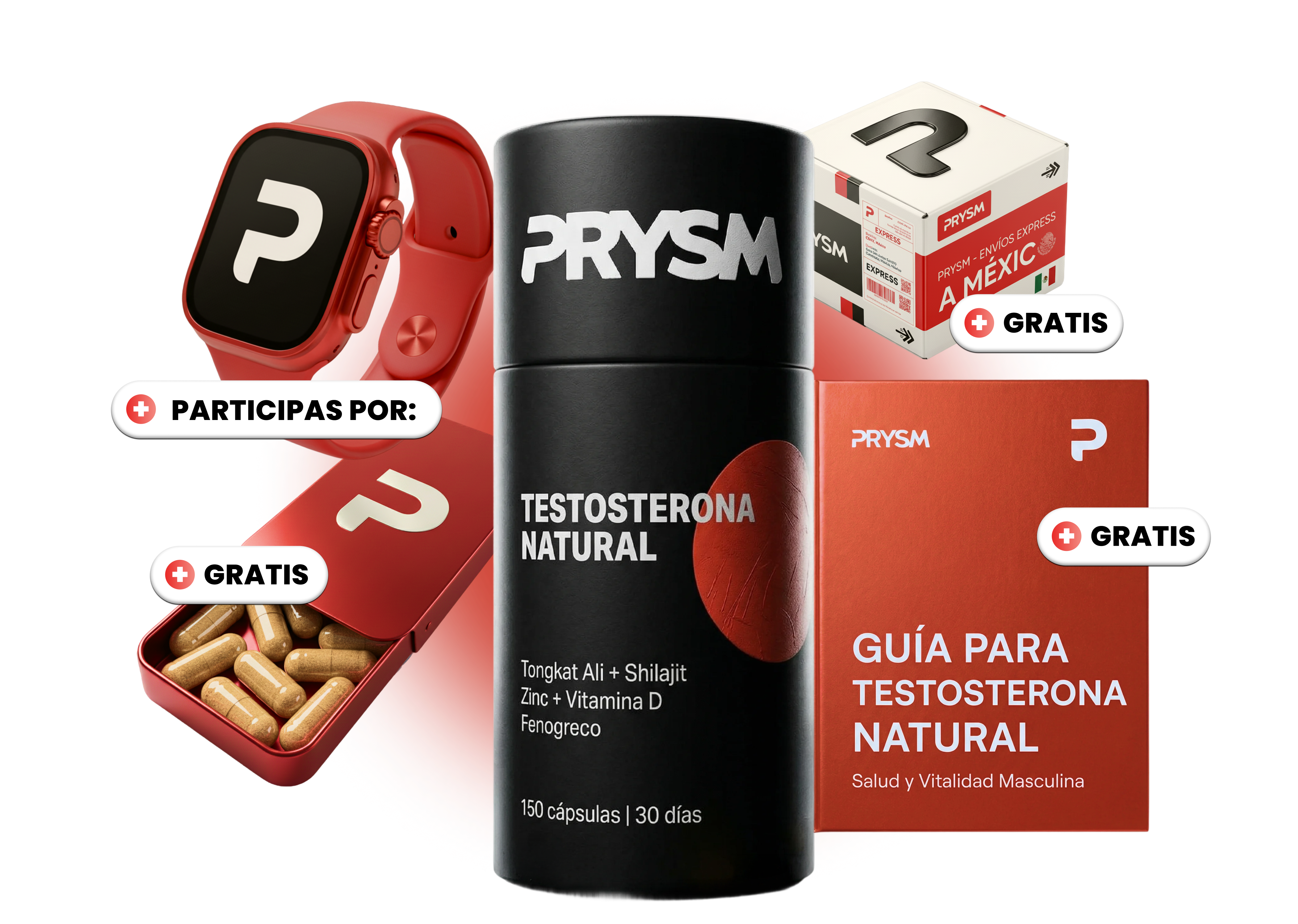 A promotional image for Prysm testosterone supplements, showing a bottle with a watch, capsules, a guide, and a box.