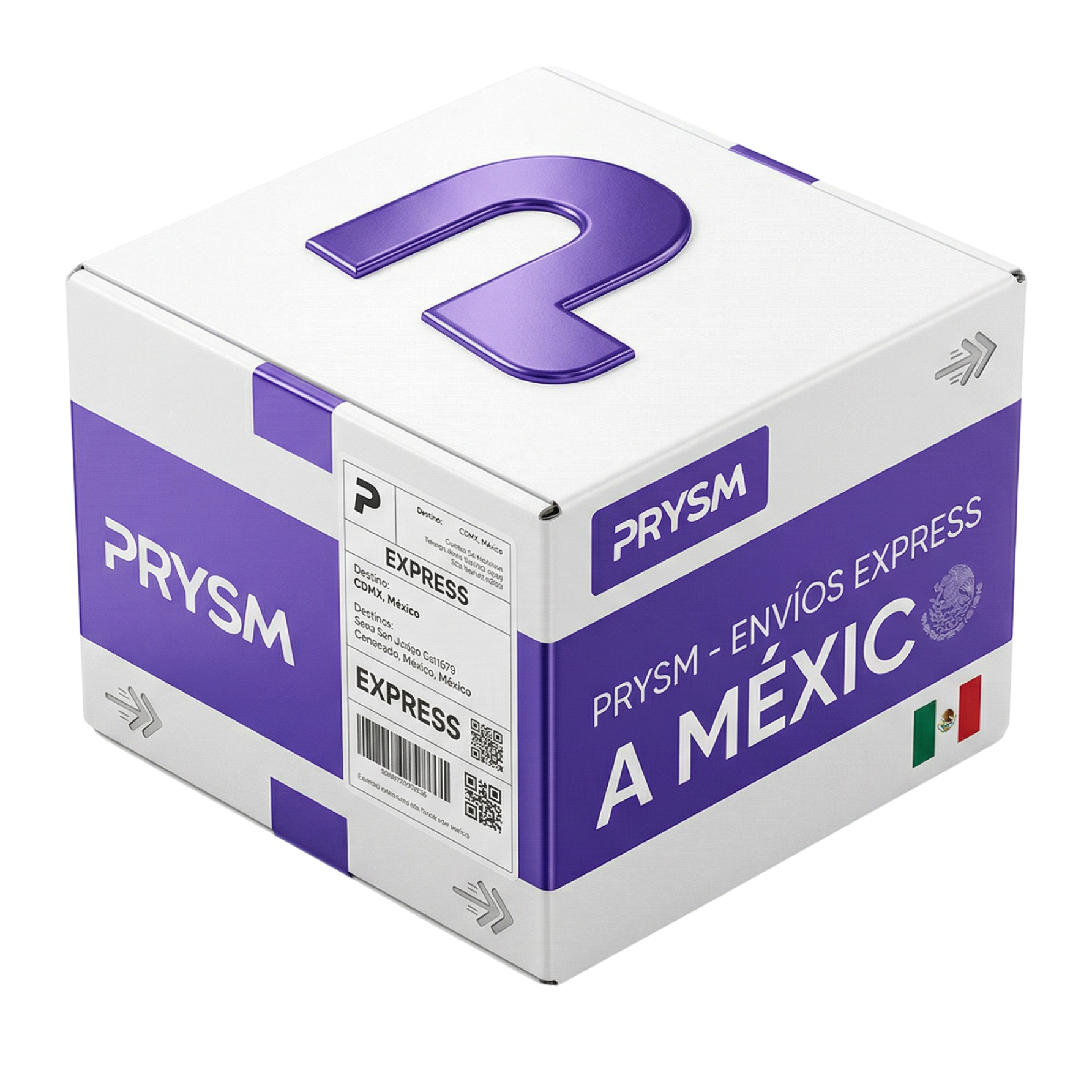 A white cardboard box with purple PRYSM branding for express shipping to Mexico, with a large 2 on top.