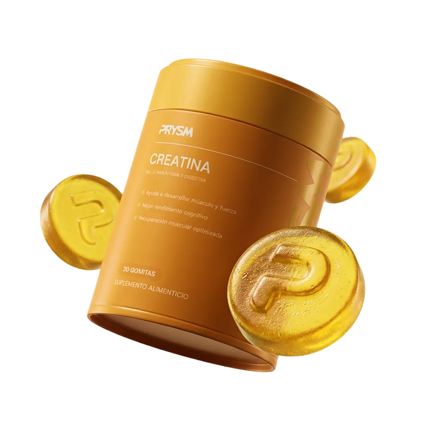 Orange container with 'Creatina' label and gold coin-shaped supplements.