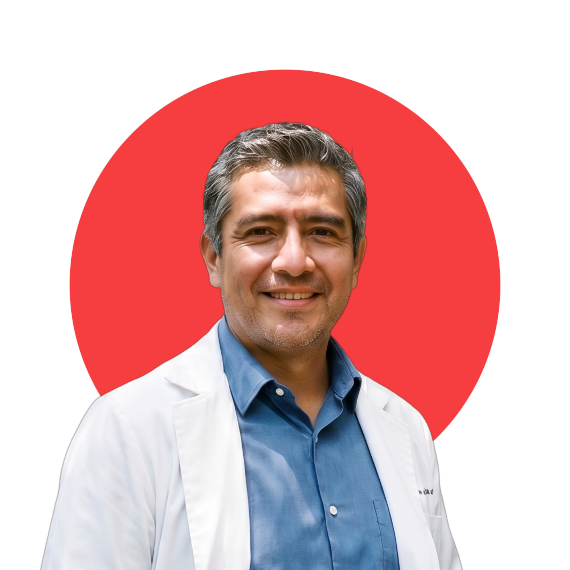 A smiling man in a white lab coat and blue shirt stands before a large red circle.