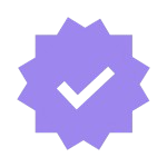 A purple, starburst-shaped badge with a black checkmark in the center on a black background.