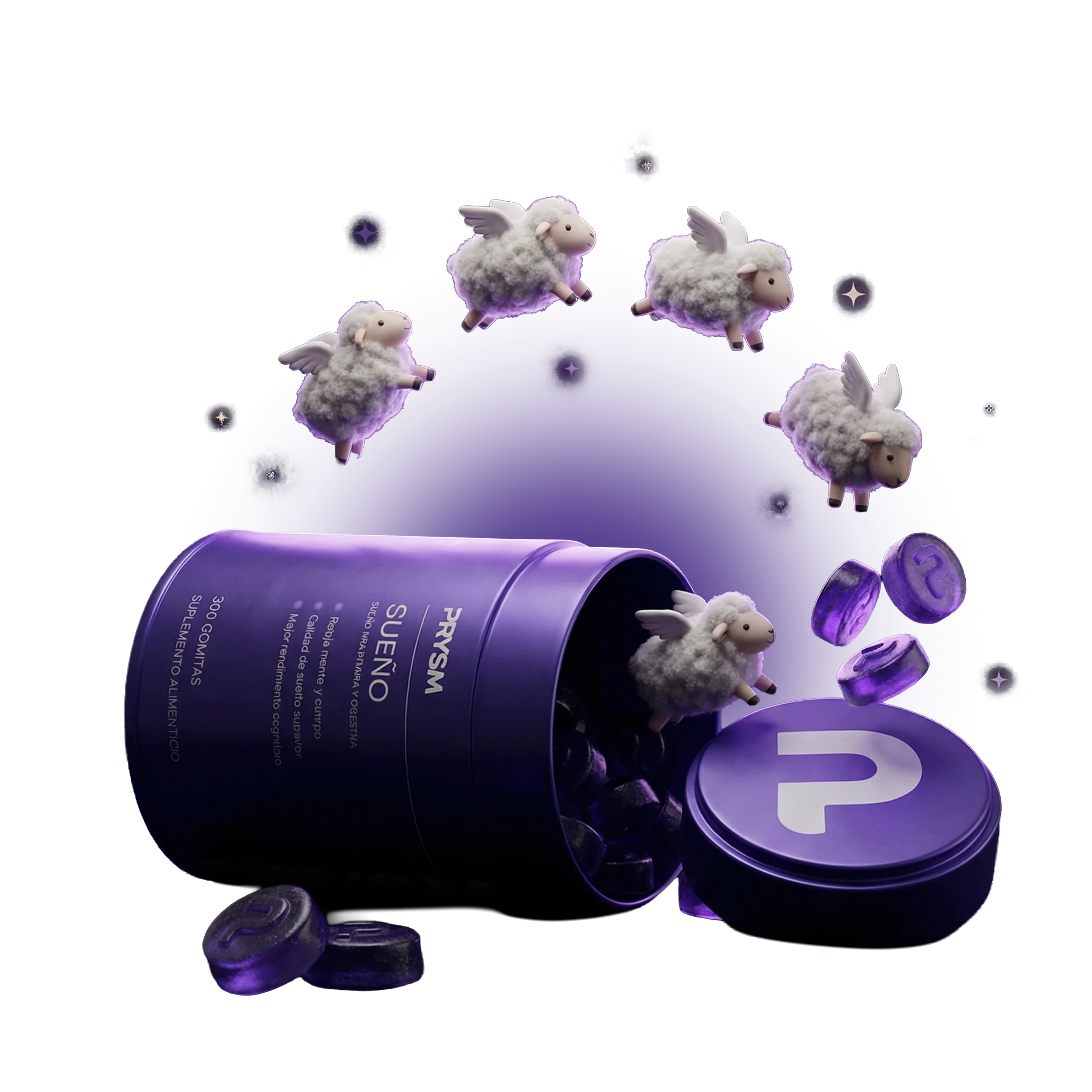 A purple bottle of Prysm Sueño supplements with winged sheep and gummies flying out of it.