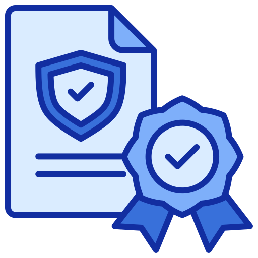 A blue icon of a document with a shield and a certified seal, both with checkmarks.