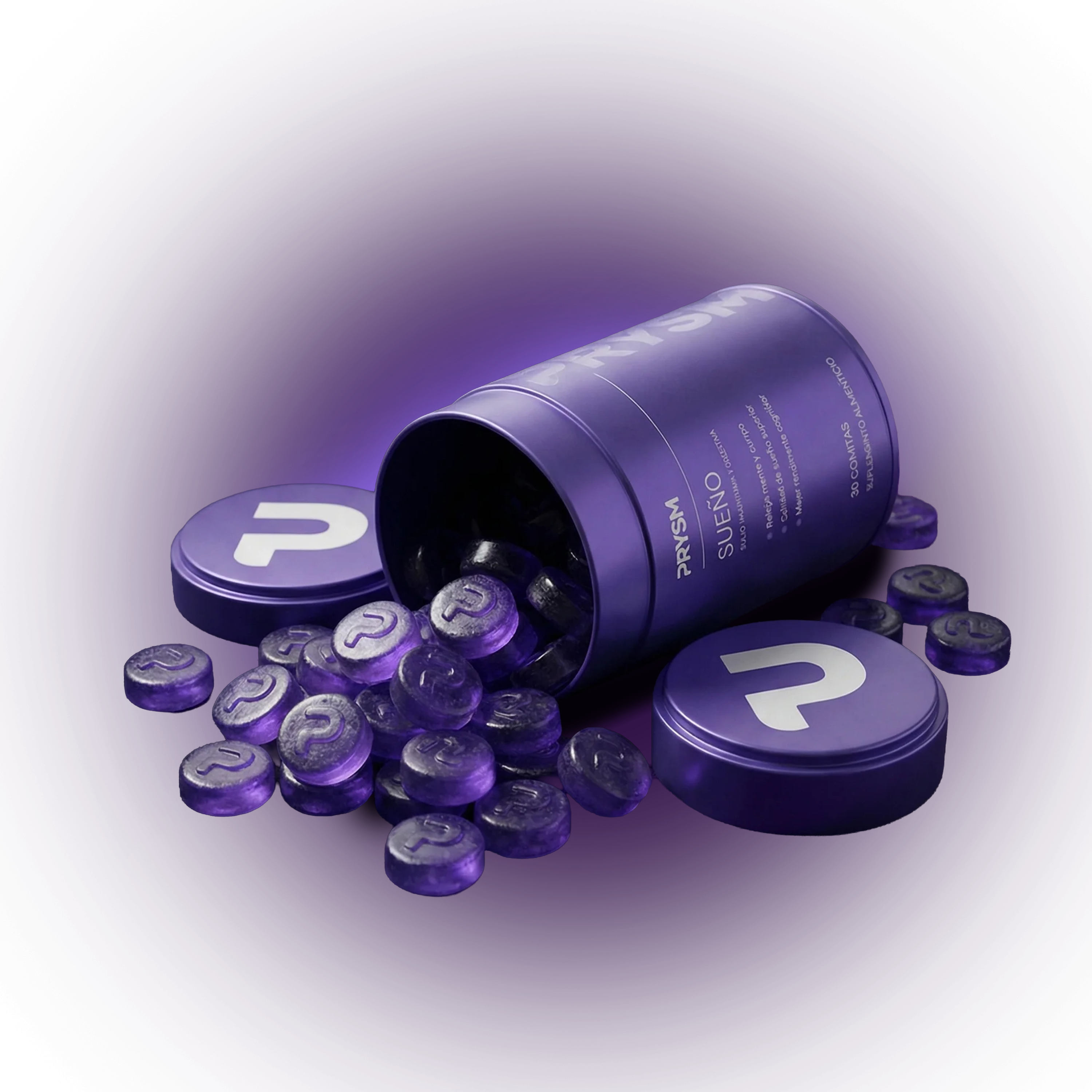 A purple container labeled PRYSM is tipped over, spilling purple lozenges with a 'P' logo.