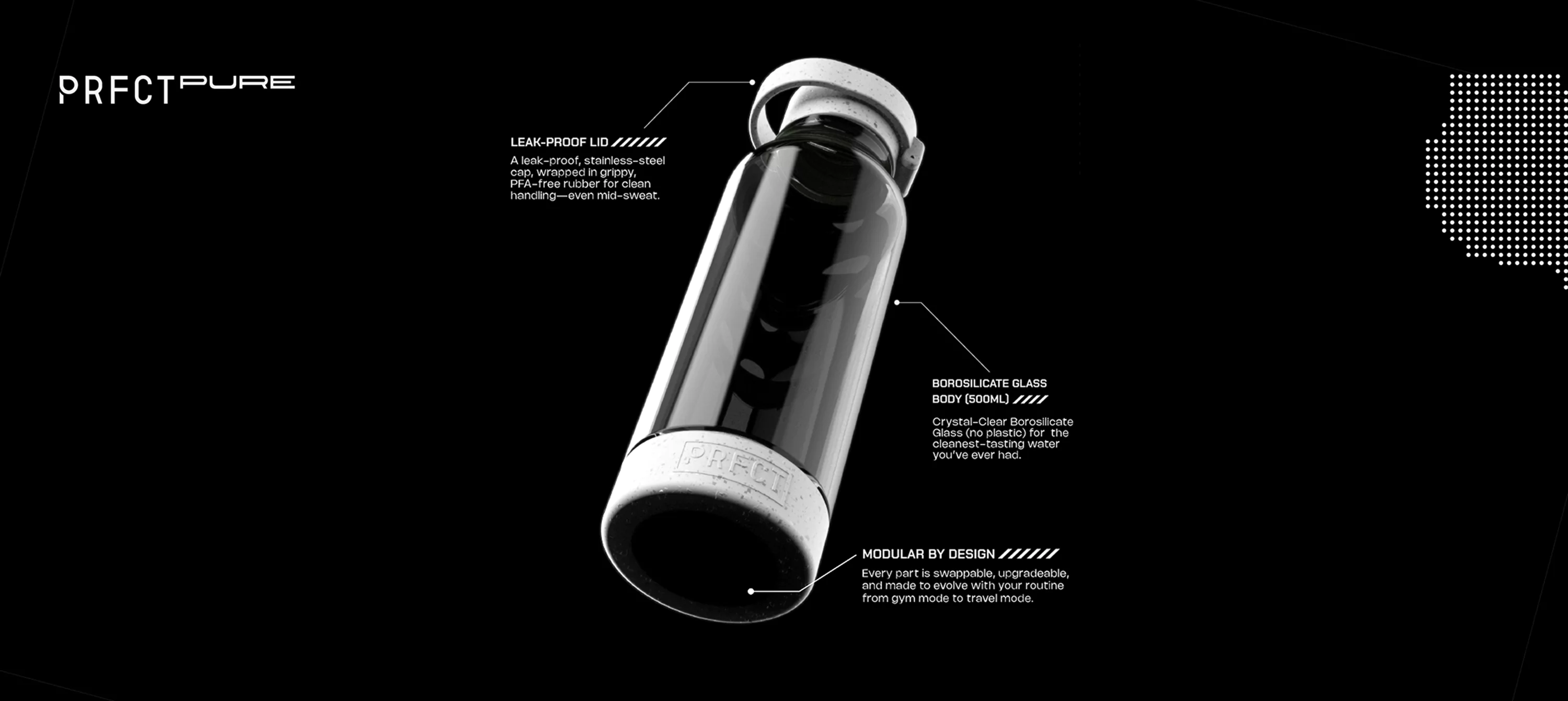 Black and white image of a water bottle with text annotations.