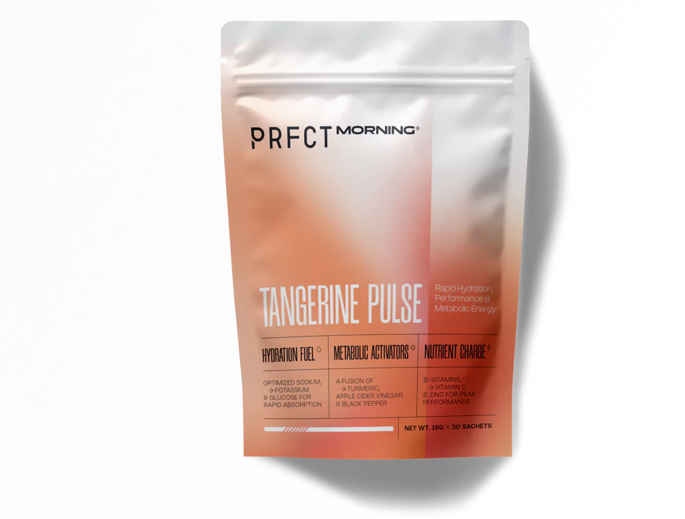 Orange and white packaging of 'Tangerine Pulse' hydration product.