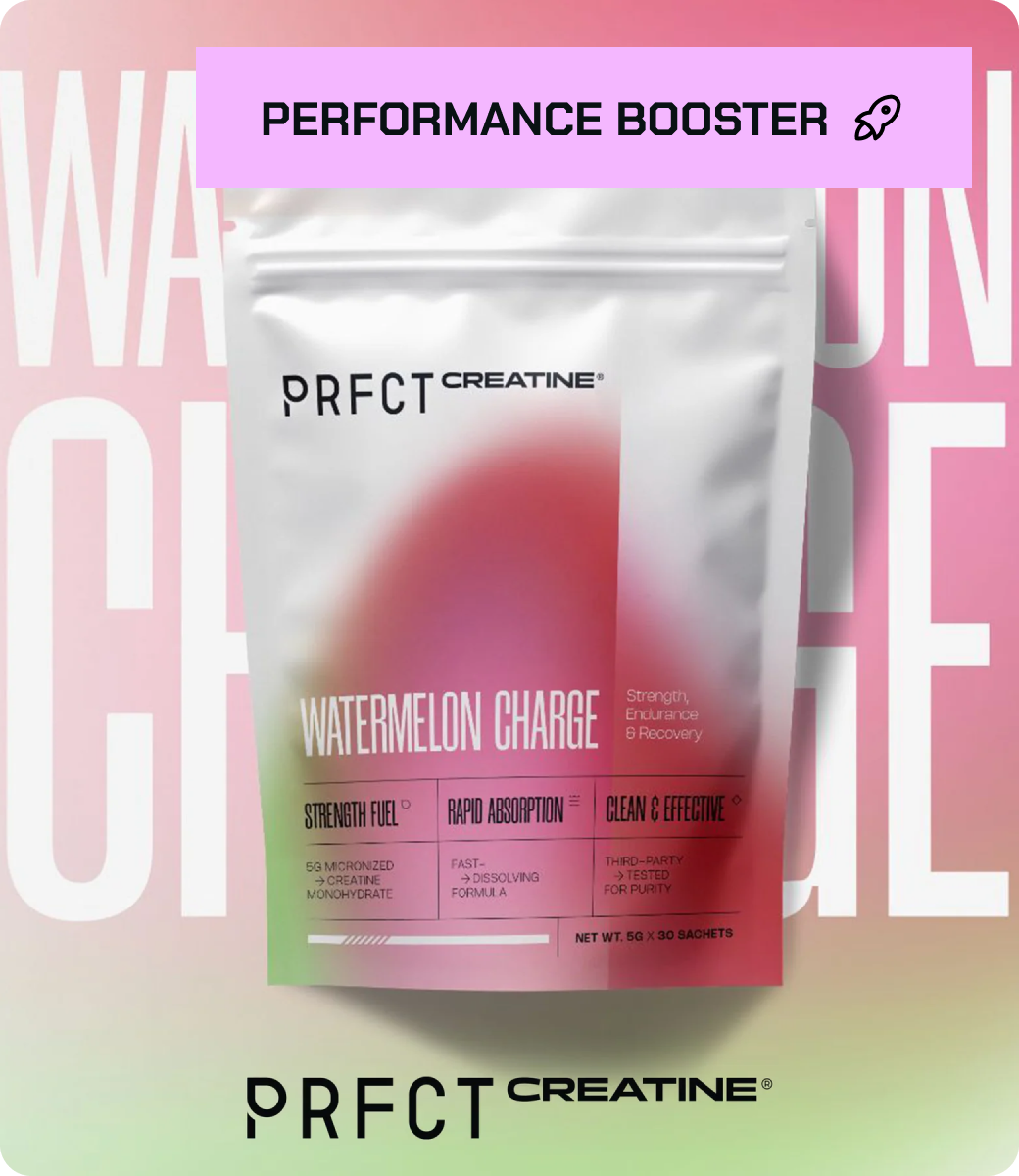 Package of PRFCT Creatine Watermelon Charge with pink background.