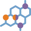 A stylized icon of a blue hexagonal molecular structure with orange and purple circles.
