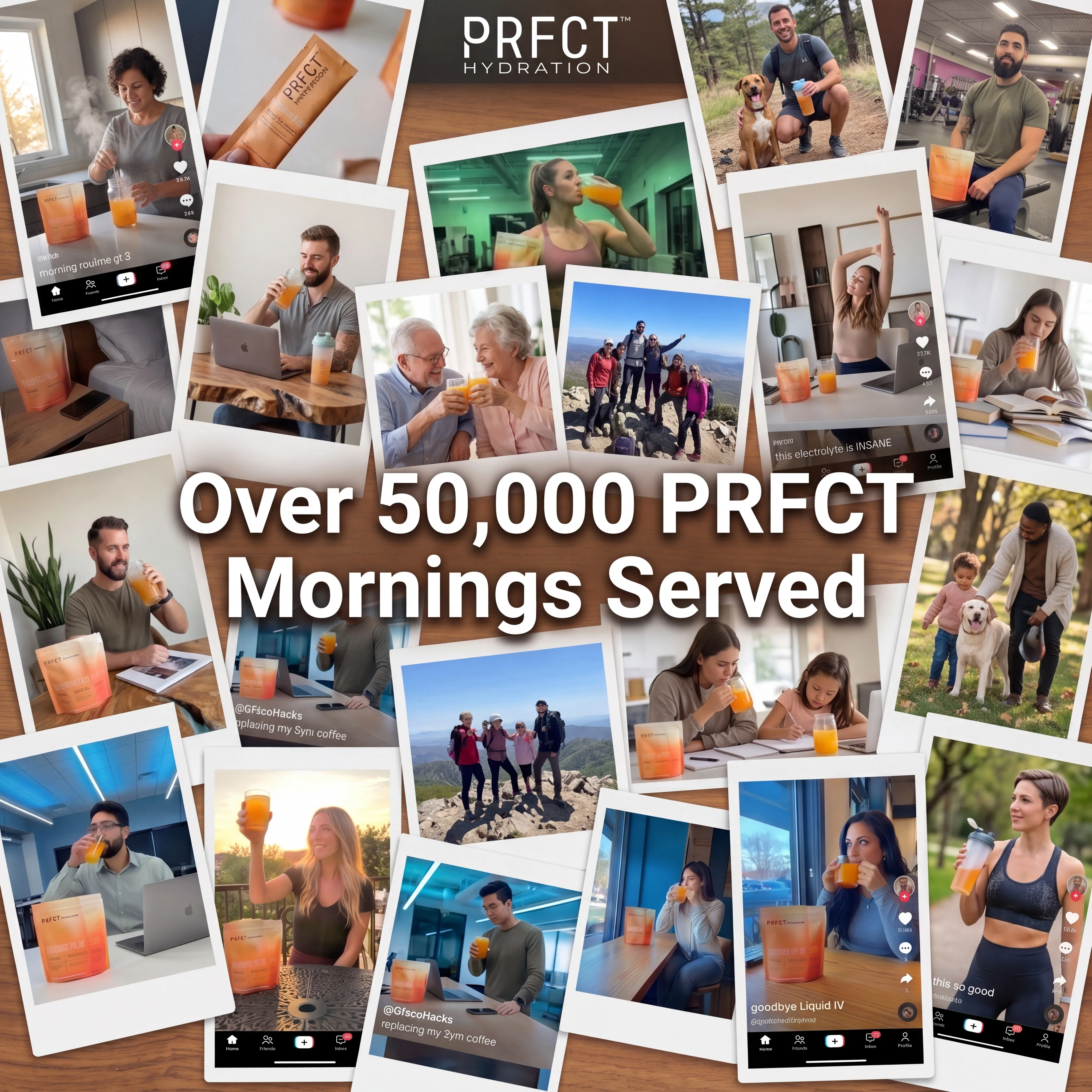 A photo collage shows diverse people drinking an orange beverage, with text 'Over 50,000 PRFCT Mornings Served'.
