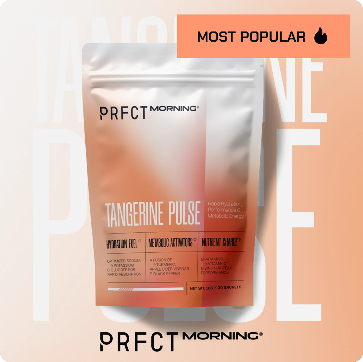 Packaging of PRFCT Morning Tangerine Pulse with 'Most Popular' label.