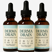 Three brown glass dropper bottles of a supplement called Derma Drain against a plain background.