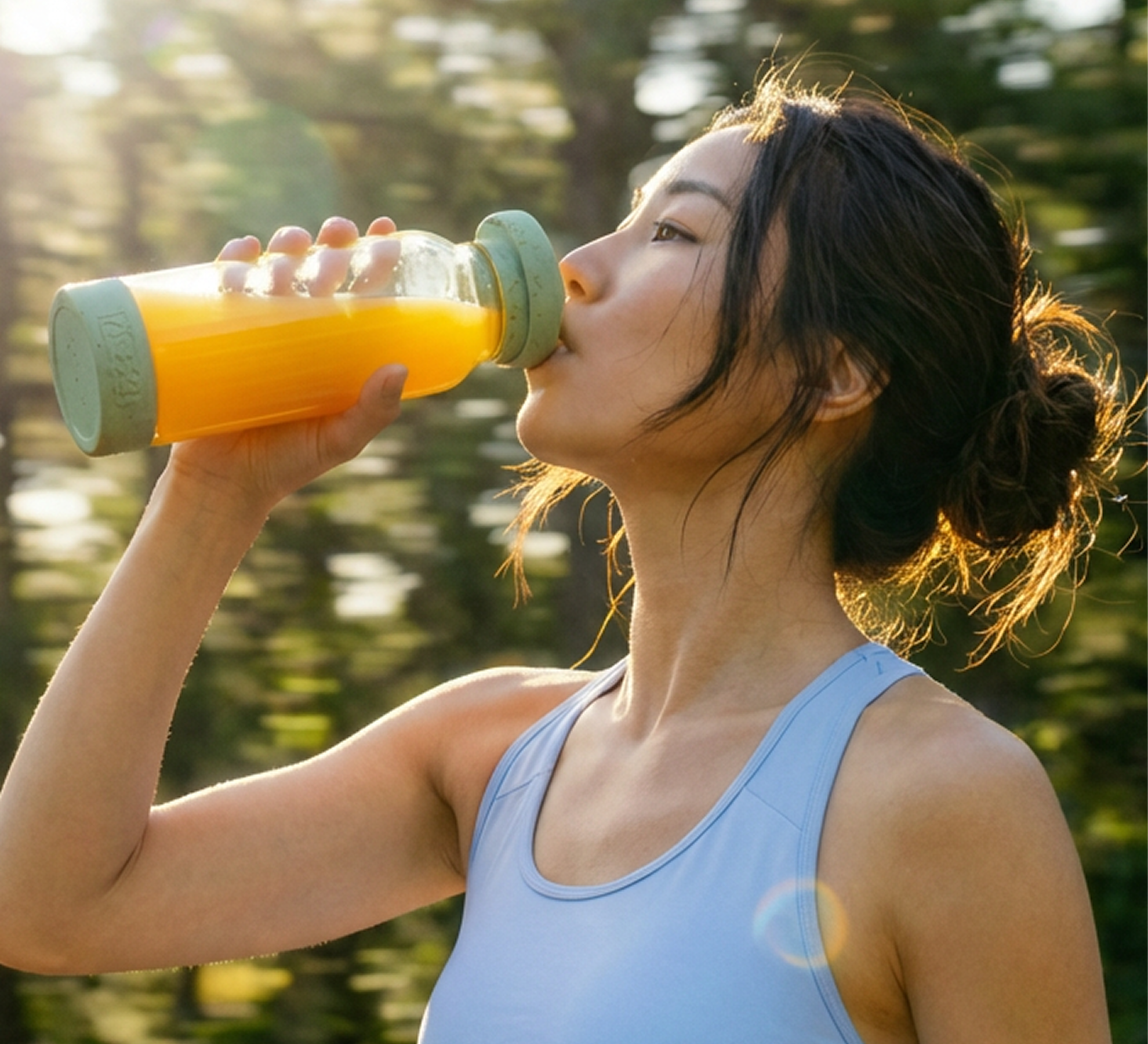 Person in athletic wear drinking from a bottle outdoors.