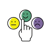 A hand icon points to a green happy face emoji, next to a yellow neutral face and a purple sad face.