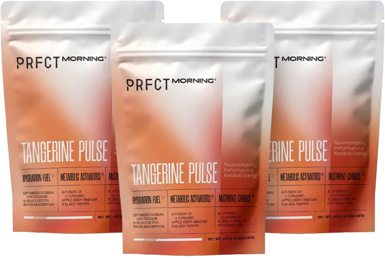 Three bags of PRFCT Morning Tangerine Pulse supplement displayed.