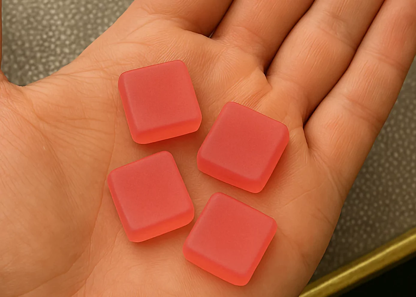 Four pink square gummies on a person's palm.