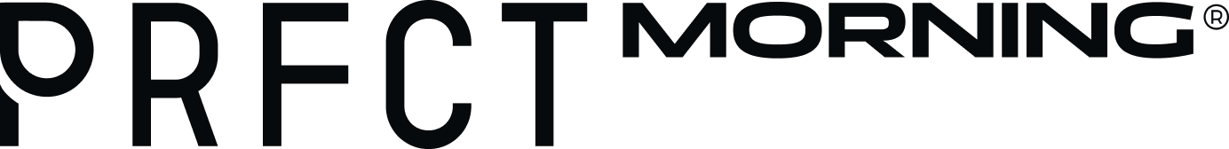 Black text logo with letters 'PRFCT MORNING' on a white background.