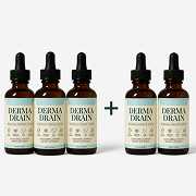 Five brown dropper bottles of Derma Drain supplement, arranged as a group of three plus two.
