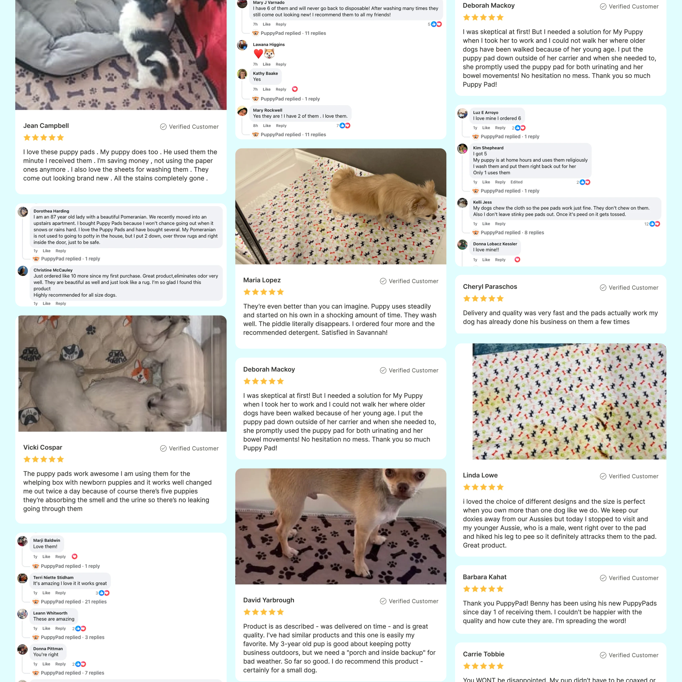 A collage of customer reviews, showing photos of dogs on puppy pads alongside positive text testimonials.